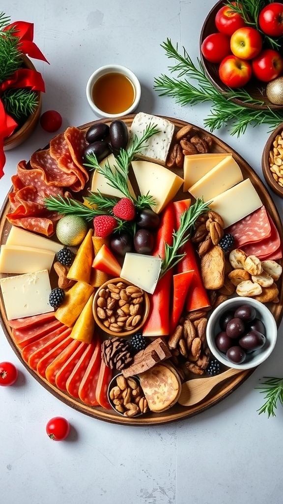 Festive Mini Christmas Charcuterie Board Recipe A mini Christmas charcuterie board with meats, cheeses, fruits, and nuts, garnished with rosemary.